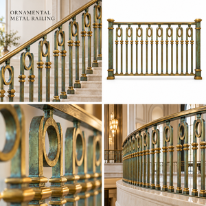 Rampe d'escalier en métal vert et or de style vintage haut de gamme avec balustres ovales pour intérieurs de style régale et historique - Product Image 5