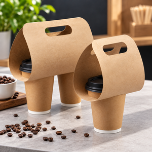 Support jetable en papier kraft avec poignée pour boissons chaudes, plateau à emporter, emballage écologique pour café - Product Image 1
