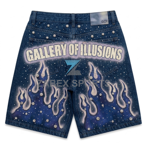 Shorts en jean Zabex Sports pour homme, respirants, mi-longs, avec strass, motif flamme, coupe droite, streetwear, en coton épais, design personnalisé, pour l'été - Product Image 2