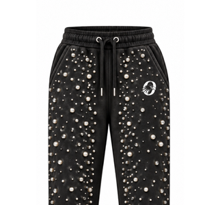 Black Pearl Beaded <b>Jogger</b> Pants <b>Women</b> Luxury Rhinestone Embellished Drawstring Sweatpants Casual Streetwear <b>Fleece</b> Trousers - Product Image 3