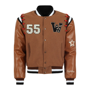 Varsity <b>Jackets</b> For Boys Brown Color <b>Winter</b> Wool Fabric With <b>Leather</b> Sleeves Letterman Style College Varsity <b>Jacket</b> - Product Image 1