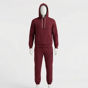 Men's <b>Maroon</b> Hooded Tracksuit Full Sleeve Solid Color Casual Sweatshirt and Pants Set with Front Logo and Side Pockets - Product Image 1