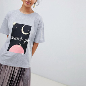 Camiseta Oversize de Cuello Redondo para Mujer, Gris, Algodón Jersey, Corte Holgado, Manga Corta, Color Sólido, Primavera Verano, Informal - Product Image 4