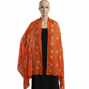 Écharpe ethnique d'été légère et respirante en mousseline orange pour femme, broderie florale et strass, idéale pour le quotidien en extérieur - Vente en gros - Product Image 1