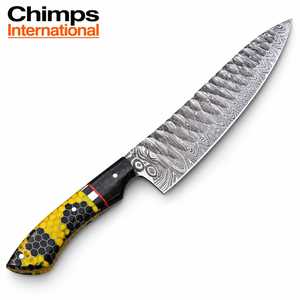 Cuchillo de Chef Santoku de Acero de Damasco Hecho a Mano, Estilo Japonés, Ambidiestro, con Mango de Resina Multicolor |   Longitud de la hoja: 8 pulgadas - Product Image 6