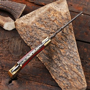 มีดพับเหล็กดามัสกัส ด้ามไม้ปักก้า ปลอกหนัง รับผลิตแบบ ODM OEM สำหรับพกพา EDC ล่าสัตว์ ตั้งแคมป์ ระดับอุตสาหกรรม - Product Image 4