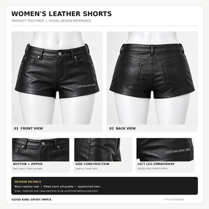 Custom Women's Black Leather <b>Shorts</b> with Embroidered Logo <b>Zip</b> Fly <b>Pockets</b> & Belt Loops OEM Wholesale Streetwear Manufacturer B2B - Product Image 6