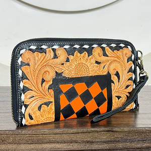 Pochette élégante en cuir véritable pour femmes, motif floral à carreaux, porte-cartes, pochette pour usage quotidien, portefeuille pour femmes - Product Image 1