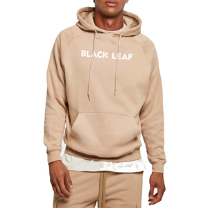 BLACK <b>LEAF</b> Custom Logo Men's Fleece Pullover Loose Fit Casual Autumn Sweatshirt Kangaroo Pocket Beige Color Raglan Sleeve - Product Image 1