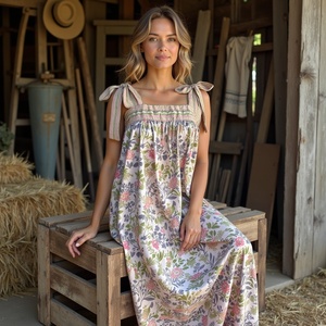 Robe Boho sans manches légère avec haut smocké à motif floral et épaules nouées Robe Maxi à bretelles avec nœud papillon pour femme Oignon - Product Image 5