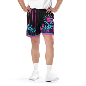Men's Sublimated Basketball Shorts Black Pink Teal Palm Tree Print Elastic Waist Quick Dry Summer Wear - Product Image 1