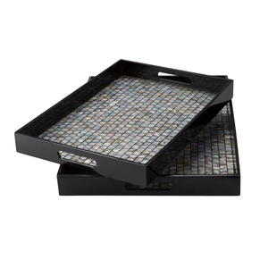 Juego de 2 bandejas de servir lacadas con incrustaciones de nácar para almacenamiento y exhibición de café, pan, alimentos y frutas, de Vietnam. - Product Image 1