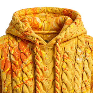 Sweat à capuche tricoté jaune-orange avec imprimé éclaboussures de peinture, cordons tressés, poche kangourou, poignets côtelés, style streetwear décontracté - Product Image 5