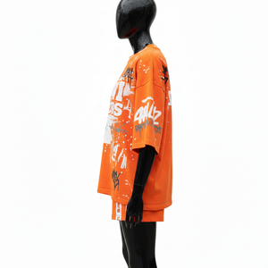 Conjunto de camiseta y pantalones cortos para mujer, algodón premium de rizo 220 GSM, color naranja suave, panel lateral con cinta, logotipo personalizado, conjuntos para mujer - Product Image 4