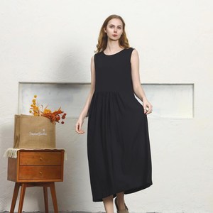 Premium Black O-Neck Sleeveless Linen Cotton Midi <b>Dress</b> <b>Loose</b> Fit Casual Summer <b>Dress</b> With Pockets - Product Image 2