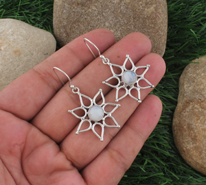 925 Sterling Silver <b>Rainbow</b> Moonstone Luxury Dangle <b>Drop</b> Earrings Handmade Sunburst Flower Gemstone Engagement Gift Jewelry - Product Image 3