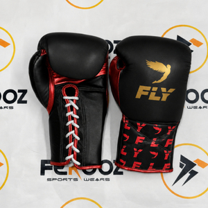 Gants de boxe Fly noirs et rouges à lacets en cuir respirant pour adultes, équipement d'entraînement de MMA, gants de boxe en cuir véritable - Product Image 1