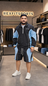 REXFIT SPORTS 2026 Ensemble de survêtement en nylon froissé noir et bleu, veste à demi-zip et short, streetwear et vêtements de sport personnalisés - Product Image 3