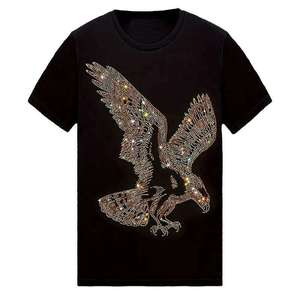 Men's Black Short Sleeve T-Shirt With Rhinestone Eagle Design O-Neck Casual Style Regular Fit Jersey Cotton - Product Image 1