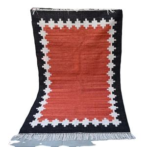 Handwoven <b>Wool</b> & Cotton Rug Black Brown Geometric Border Flatweave Reversible Washable Carpet Home Use - Product Image 3