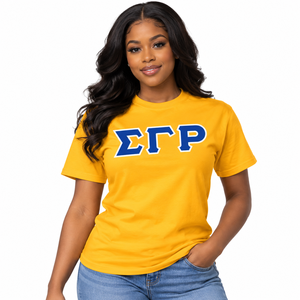 T-shirt Sigma Gamma Rho doré, bleu et blanc, imprimé lettres grecques, manches courtes, col rond, vêtement de sororité grecque, haut décontracté classique - Product Image 1