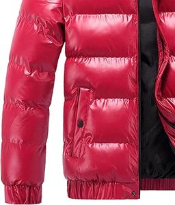 Red Coated Canvas Glossy Puffer Jacket Windproof Breathable <b>Winter</b> Hooded with Patchwork Nylon Hoodie Zipper Up Bubble Jackets - Product Image 2