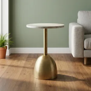 Modern <b>Round</b> White Marble Top Side <b>Table</b> with Brushed <b>Gold</b> Metal Pedestal Base Contemporary Accent Furniture for Living Room - Product Image 2