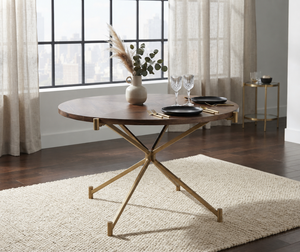 Table à manger ronde moderne en bois avec base en métal doré en forme d'étoile, diamètre 47 5/7, hauteur 30, design mid-century, table en bois - Product Image 1