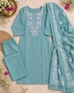 Ensemble trois pièces Kurta, pantalon et dupatta brodé bleu ciel pour femme, motif floral, tenue ethnique indienne, fabricant et fournisseur en gros - Product Image 5