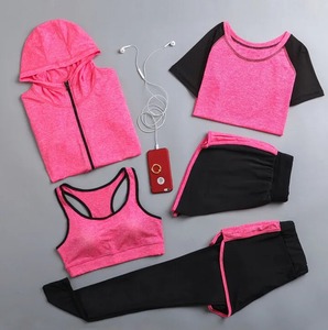 Conjunto Deportivo de 5 Piezas para Mujer, Sudadera con Capucha Negra, Camiseta, Sujetador Deportivo, Pantalones Cortos de Ciclismo, Leggings, Sin Costuras, Transpirables, de Poliéster - Product Image 5