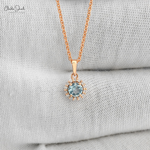 Chordia Jewels Natural 4mm Round Cut Aquamarine & Diamond Halo <b>Pendant</b> 14k <b>Solid</b> Rose <b>Gold</b> Wholesale Wedding <b>Pendant</b> Jewelry - Product Image 5