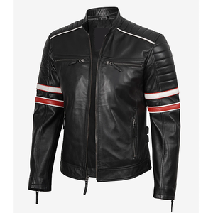 2026 Men's Black Cow Hide Leather <b>Jacket</b> With <b>Red</b> White Stripes Stand Collar Zipper Closure Slim Fit Regular Length Winter Wear - Product Image 6