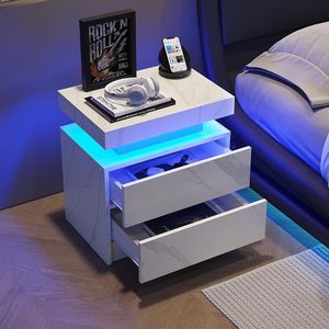 Modern White Stone <b>LED</b> Nightstand with 2 Drawers <b>Bedside</b> <b>Table</b> Cabinet Lights for Bedroom - Product Image 2