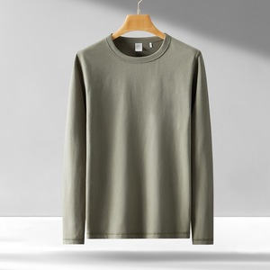 T-shirt à manches longues pour homme, col rond, couleur unie, tricot en coton, coupe décontractée, respirant, design uni - Product Image 1