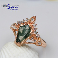 Bague de fiançailles et de mariage vintage en argent sterling plaqué or rose avec agate mousse naturelle, forme cercueil, sertie à griffes, faite à la main, style statement