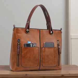 Grand sac fourre-tout décontracté rétro en cuir véritable avec fermeture éclair, imperméable, portable, sac à bandoulière et sac à main pour femme - Product Image 6