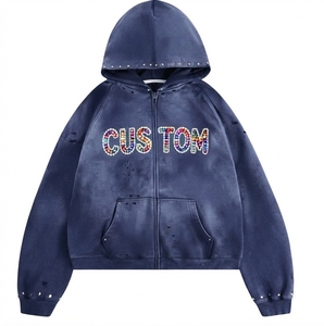 Sweat-shirt à capuche surdimensionné unisexe en molleton de coton avec imprimé lettres en strass, poche avant, décontracté, pour l'automne - Product Image 1