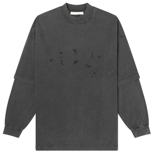 เสื้อยืดโอเวอร์ไซส์สีดำวินเทจฟอกยีนส์แบบดิสเทรสสองชั้นแขนยาวสำหรับผู้ชายสไตล์สตรีทคอกลมผ้าเจอร์ซีย์ - Product Image 6