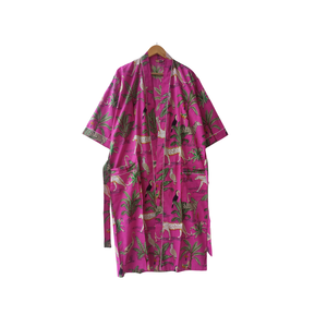 Kimono con estampado de jungla rosa tropical para mujer, cuello en V, mangas largas, 2 bolsillos delanteros, cordón, ropa de dormir de algodón, bata, vestido - Product Image 1