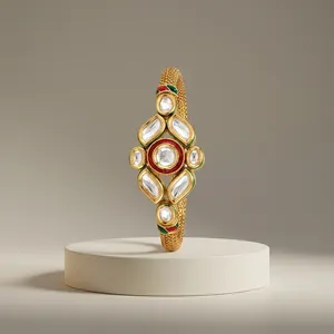Bracelet Kundan en laiton indien en gros, Kada de mariée traditionnel fait main, bijoux ethniques de mode pour mariage, diamant rubis ovale - Product Image 1
