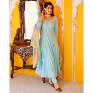 Conjunto de traje de tela de gasa azul aguamarina talla XS con adornos de gota elaborados - Product Image 5