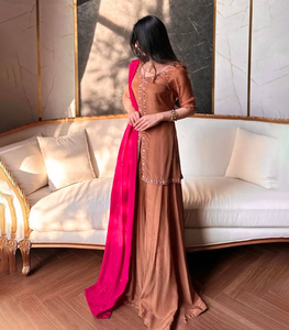 Traditional Designer Ethnic Indian Pakistani Heavy Silk Embroidery Work Winter Reversible <b>Kurti</b> Dupatta Set Wedding Party Ready - Product Image 2