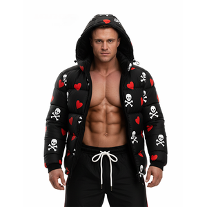 Chaqueta Acolchada Negra para Hombre con Estampado de Calavera y Corazón, con Capucha, Estilo Urbano, para Invierno, Ajuste Musculoso, OEM, Cremallera Personalizada, 300 Gramos, Impermeable - Product Image 1