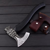 Hache industrielle forgée à la main en acier à haute teneur en carbone, manche en bois de frêne personnalisé OEM, hache à barbe, étui en cuir, camping, bushcraft