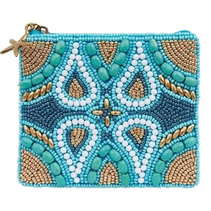 Handmade Cotton Beaded Coin <b>Purse</b> Bohemian Style Embroidered Pattern Unisex 5 Inch CRYSTAL CRAFT Wrist Strap Polyester Lining - Product Image 1