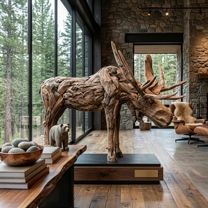 Handcrafted <b>wooden</b> moose bull head down sculpture <b>rustic</b> teak driftwood animal statue antlers floor decoration space unit layout - Product Image 4