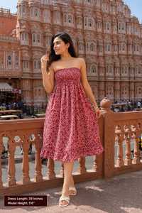 Wholesale Women's Red Floral Hand Drawn Print Strapless Sundress Smocked Tube Casual Summer Midi <b>Dress</b> 100% Cotton Anti-Wrinkle - Product Image 6