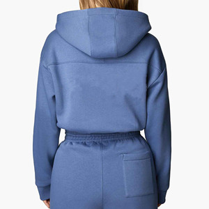 Hooded Crop Zipper Sweatshirt Solid Blue Fleece Oversized Casual Autumn Wear Regular Sleeve Unisex - Product Image 2