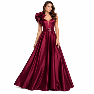 Wholesale Satin Women's Red Solid <b>Gown</b> with Floral Detailing and Belt Design Floor Length Party Wear Spring Women's <b>Long</b> <b>Dress</b> - Product Image 1