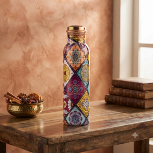 Botella de Agua de Cobre Hecha a Mano con Diseño de Mandala Colorido, Tapa de Rosca, Botella Ayurvédica Reutilizable para Viajes - Product Image 4